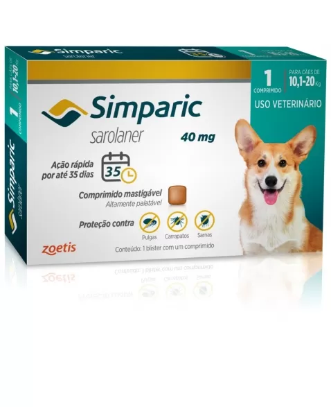 Simparic 40mg com 1 comprimido 10,1 até 20kg