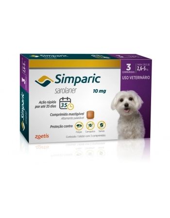 Simparic 10mg com 3 comprimidos 2,6 até 5kg