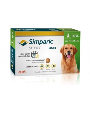 Simparic 80mg com 3 comprimidos 20,1 até 40kg