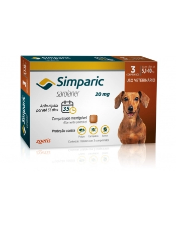 Simparic 20mg com 3 comprimidos 5,1 até 10kg