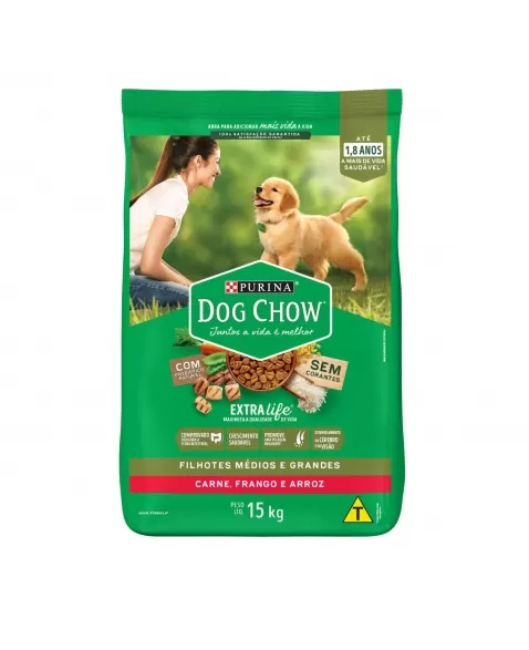 Dog Chow Filhotes Raças Médias e Grandes Carne Frango e Arroz 15kg sem Corantes